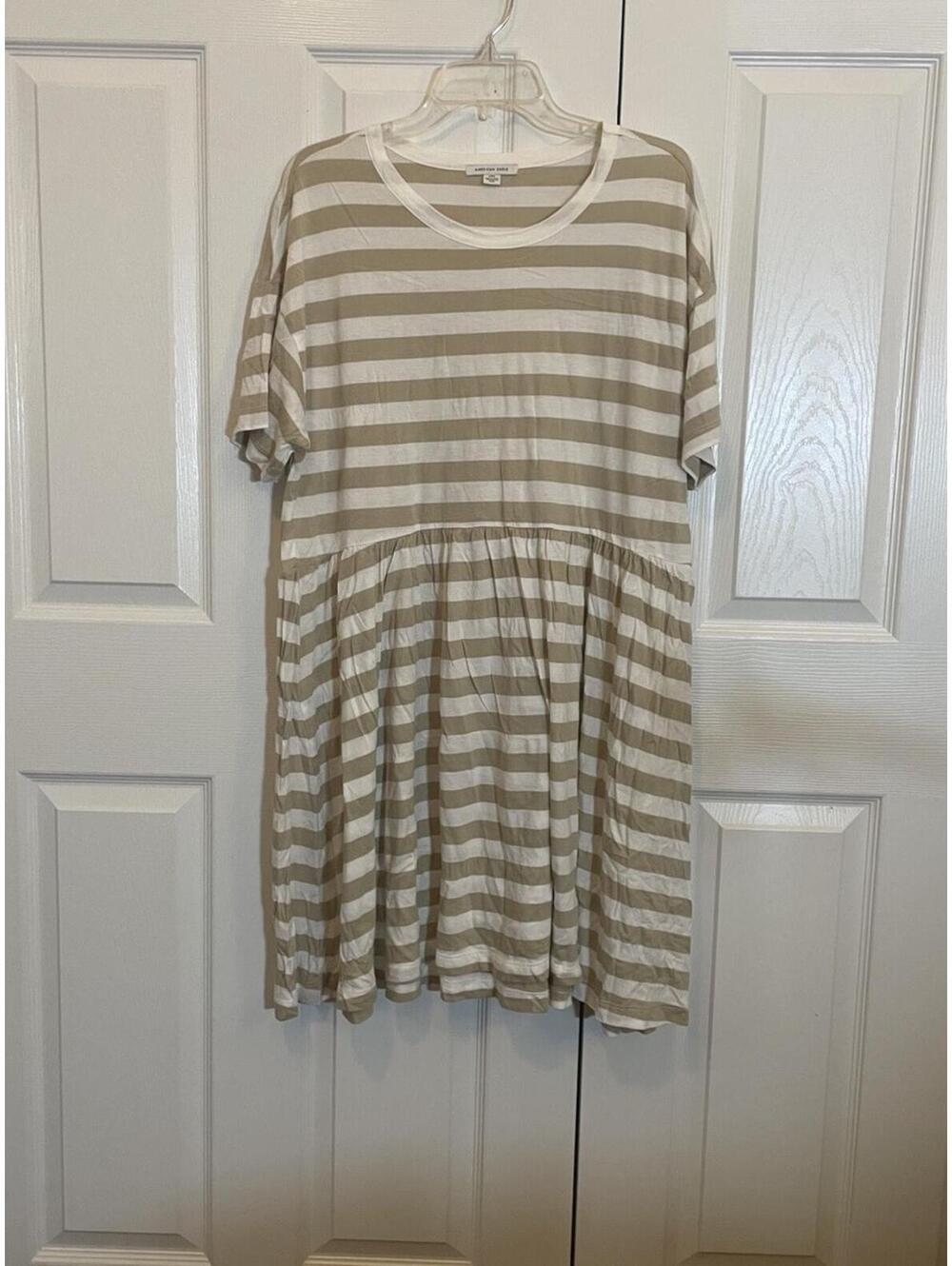 American Eagle large T-shirt dress tan white striped short sleeve
